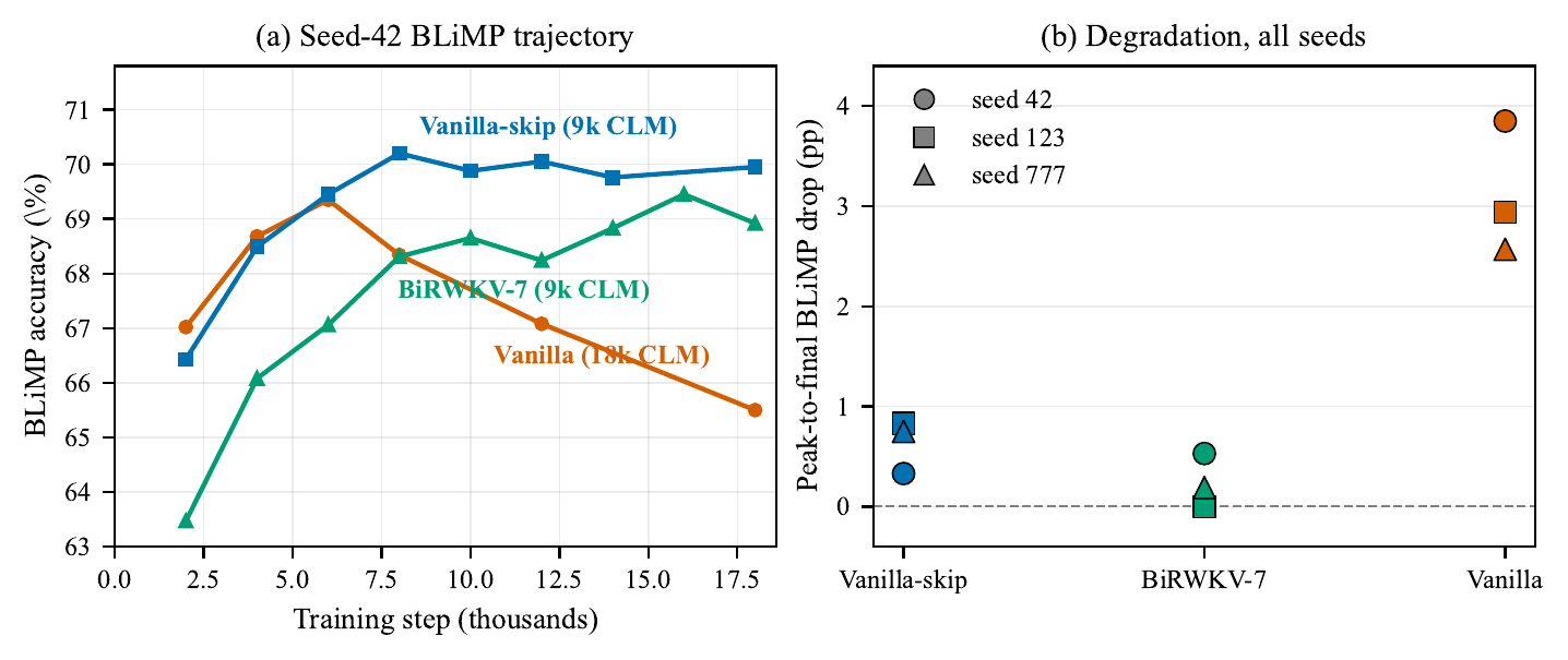 BLiMP accuracy over training for vanilla RWKV-7, vanilla-skip and BiRWKV-7, and the peak-to-final drop for each across three seeds.